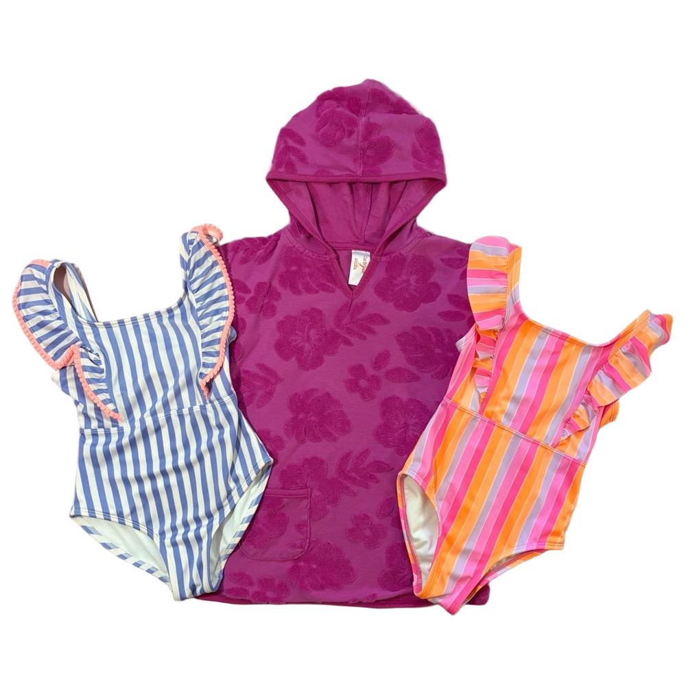 Cat & Jack Girls Swimsuit Lot 2 One Pieces + Hooded Cover Up Size 4/5